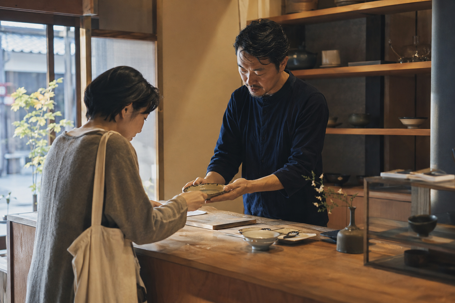地域の店舗で店主と顧客が向き合う様子